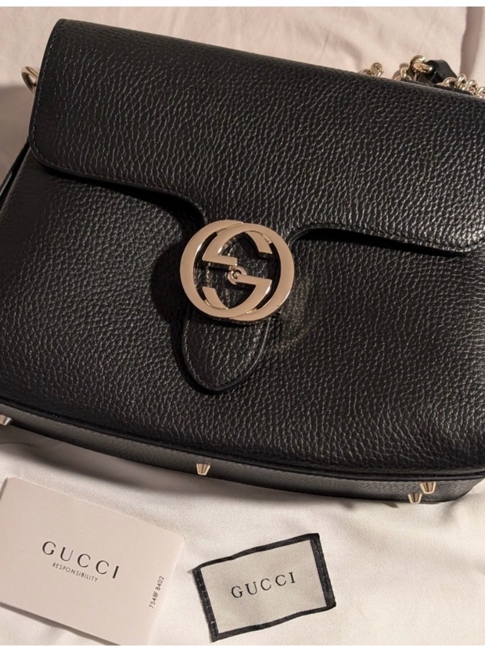 Genuine Leather Shoulder Bag with Gold Double G Clasp